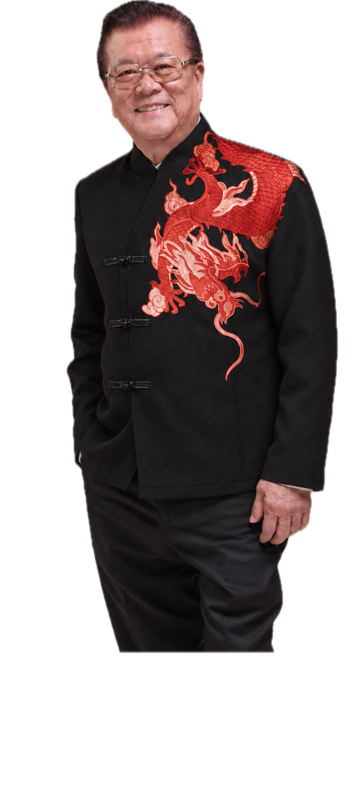 Robert, smiling, in a black Chinese jacket embroidered with a red dragon